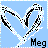 Pixelated heart-shaped icon with white and black lines on light blue background, displaying partial text 'Meg' at bottom.