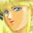 Pixelated anime-style character with blonde hair and blue eyes, side profile facing left, on black background with white text.