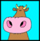 Brown cow head with yellow horns and pink nose against cyan background, showing multiple facial expressions in a