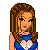 Pixel art contact sheet showing three frames of an animated buddy icon featuring a cartoon woman with brown hair, blue top, and jeans, accompanied by romantic text.