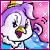 Pixelated cartoon character with purple hair and yellow beak, pink background with white sparkles, blue lower body, mouth open in 'O' shape, text 'OHMGE!' below.