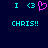Pixelated cyan and pink text and symbols on dark blue background, with one heart symbol in pink and others in cyan.