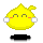 Yellow cartoon character with closed eyes, red cheeks, white ear-like shapes on sides, and a small yellow tuft on top; black base beneath.