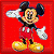 Pixelated 50x50 static icon of Mickey Mouse in red background with yellow shoes, white gloves, and black ears.