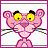 Pixelated pink cartoon panther with yellow eyes and black eyebrows on a white background, next to bold text reading 'the pink panther is missiing' in black letters on bright pink.