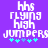 Pixelated text 'hhs flying high jumpers' in white on purple background with cyan and light blue plus signs below, two variations of the same design.
