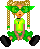 Pixelated character with green sunglasses, braided hair, green shirt, green shorts, black shoes, and a neutral expression against gray background.