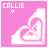 Pink square icon with 'CALLIE' text and a small heart symbol above a layered white geometric shape on the right.