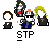 Animated contact sheet of 8 pixel art frames showing a group of stylized characters with varying poses and expressions, each labeled "STP" below the icon.