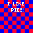 Red and blue checkered background with four identical text blocks reading "I LIKE PIE!!!" in white pixelated font.