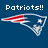 Pixelated blue background with white text 'Patriots!!' above a red and white striped flag-like shape attached to a light gray outline of the New England map.