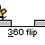 Animated sequence of a yellow-shirted figure performing a 360 flip on a skateboard, with changing leg positions and a white spherical head against a gray background.