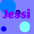Pixelated graphic with purple text 'Jessi' over a light blue background, featuring three circular shapes in varying shades of blue and cyan.