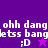 Pixelated purple background with white text 'ohh dang letss bangetss bang :D' and a star symbol, showing animation changes in star color and text clarity.