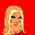 Pixel art contact sheet showing multiple frames of a blonde female character in red top and denim shorts against solid red background with text elements.