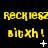 Yellow pixelated text on black background with animated white star and dot effects, repeating 'RECKIESZ' above 'BIXH!' in three