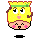 Pixelated cartoon character with yellow hair, green headband, pink cheeks, and brown eyebrows; four variations show mouth expressions and arm positions.