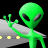 A 4-frame animated contact sheet of a green cartoon alien with large black eyes and three-fingered hands, waving against a gray spaceship background with yellow lights.