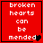 Red square with white text 'broken hearts can be mended' and a black heart symbol replacing the 'd' in 'mended' on the right side.