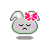 Pixel art of a gray bunny-like creature with pink cheeks and a pink bow, showing two expressions and a lightbulb prop.