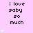 Pixelated text 'i love saby so much' repeated across a pink background with light blue heart symbols, static display.