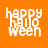 Four square display 'happy halloween' text in white pixelated font against orange, brown, black, and gray backgrounds
