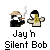 Pixel art of two figures: one wearing a straw hat and smoking, the other with black hair and outstretched arms, below text reading 'Jay n Silent Bob'.