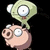 Two pixelated cartoon characters with large eyes, one green and one pinkish-brown, positioned vertically against a black background.