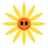 Pixelated sun icon with orange center and yellow rays, two black square eyes on gray background.