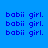 Blue background with repeated 'babii girl.' text in dark blue pixelated font, some text blocks highlighted in light blue.