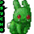 Green pixelated rabbit-like creature with red eyes, holding a white cup, positioned between vertical text strips.