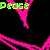 Pixelated pink abstract shapes on black background with green and blue text fragments.