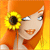 A pixelated character with orange hair holds a yellow sunflower against an orange background, showing two sequential poses with slightly shifted facial angles.