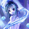 Anime-style character with short blue hair and purple eyes, smiling against a starry background with glowing orbs.
