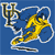 Blue background with yellow and white stylized text and a dragon-like creature with a white outline.