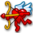 Pixelated red cupid figure holding a golden bow with blue arrow, rendered in 8-bit style on white background.