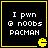 Four identical black square with yellow borders display white pixelated text and a Pac-Man icon, each containing the same content