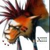 A stylized cartoon character with orange skin, spiked red hair, and three red stripes on its cheek, wearing a white shirt with a blue collar, positioned in profile view.