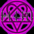 Static circular icon with purple and magenta spiral pattern containing black geometric shapes and gray vertical bars, set against a solid black background.