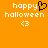 Orange background with white pixelated text 'happy halloween' and a white <3 symbol, where the 'y' in 'happy' is replaced by a black heart symbol in the left view.