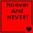Red square icon with black text 'Forever And NEVER!' and heart symbols changing across four