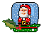 Pixelated Santa Claus in red suit with white trim, yellow belt buckle, and red hat with white trim, standing inside a blue snow globe with white dots, green base with red accents, and holly leaf on left side.