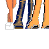Pixel art contact sheet showing multiple frames of a female character animation with varying poses and clothing combinations, including red shorts and blue jeans, against a transparent background.