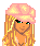 Pixel art contact sheet showing three frames of an animated buddy icon featuring a cartoon character in pink and yellow attire with text "Pretty In Pink" below each frame.
