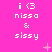 Pixelated pink background with white text 'i <3 nissa & sissy' repeated in a , featuring small animated sparkles and crosses