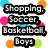 Pixelated text lists 'Shopping, Soccer, Basketball, Boys' and '4eva' over a white background with scattered cyan, pink, orange, and green dots.