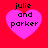 Four pink hearts on a red background with black text reading 'julie and parker' inside each heart, displayed in a