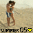 Animated sequence of two people embracing on a beach, with text reading 'SUMMER 05' and yellow hearts below.