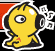 Yellow cartoon character with black headphones, white outline, red mark on chest, and floating musical notes against a black background.