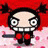 Pixelated character with large eyes and red hair in pigtails against red and pink background, next to black with white text